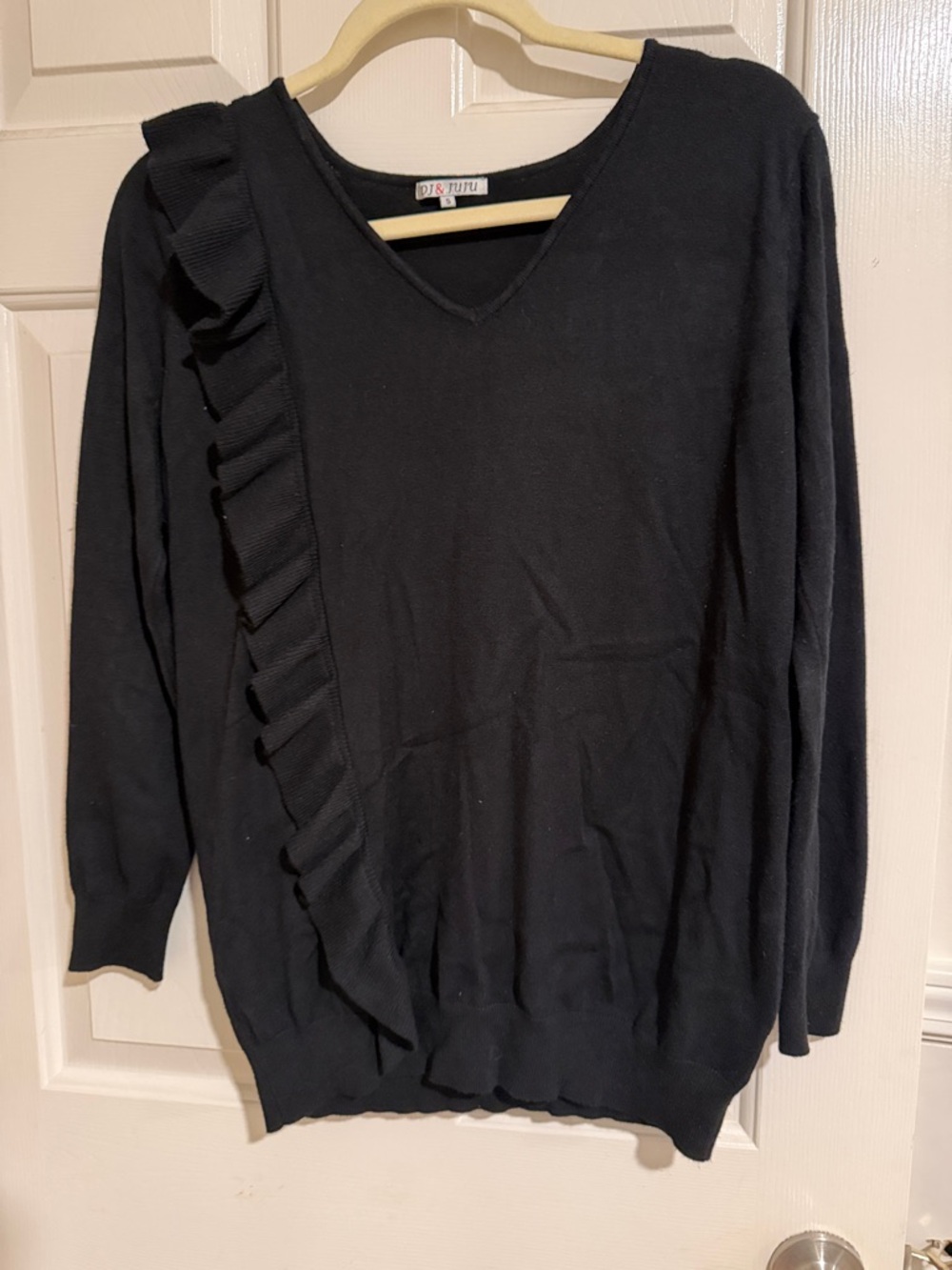 Black V-Neck Ruffle-Trim Sweater